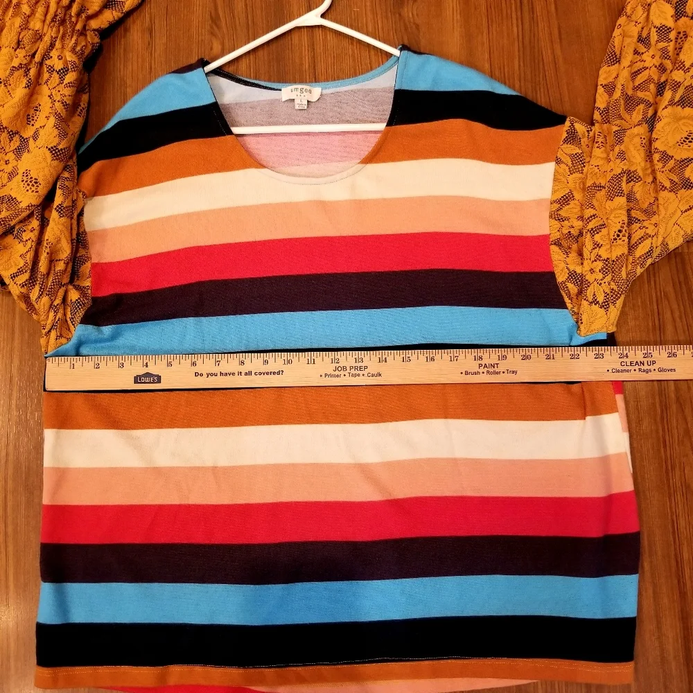 UMGEE Sweater Women's Large Striped Floral Lace Mustard Yellow Sleeves Blue Red_7